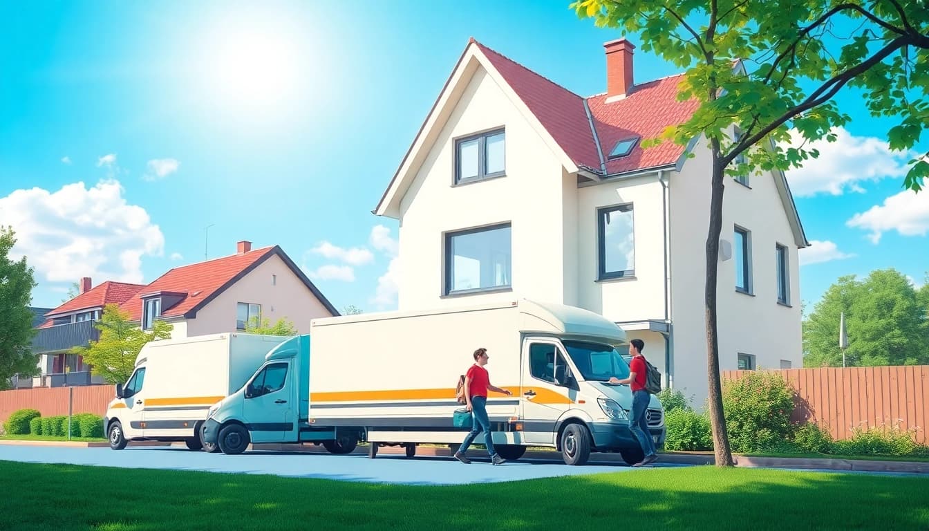 Privatumzug Potsdam: Umzugshelfer tragen Kisten vor einem Haus in Potsdam.