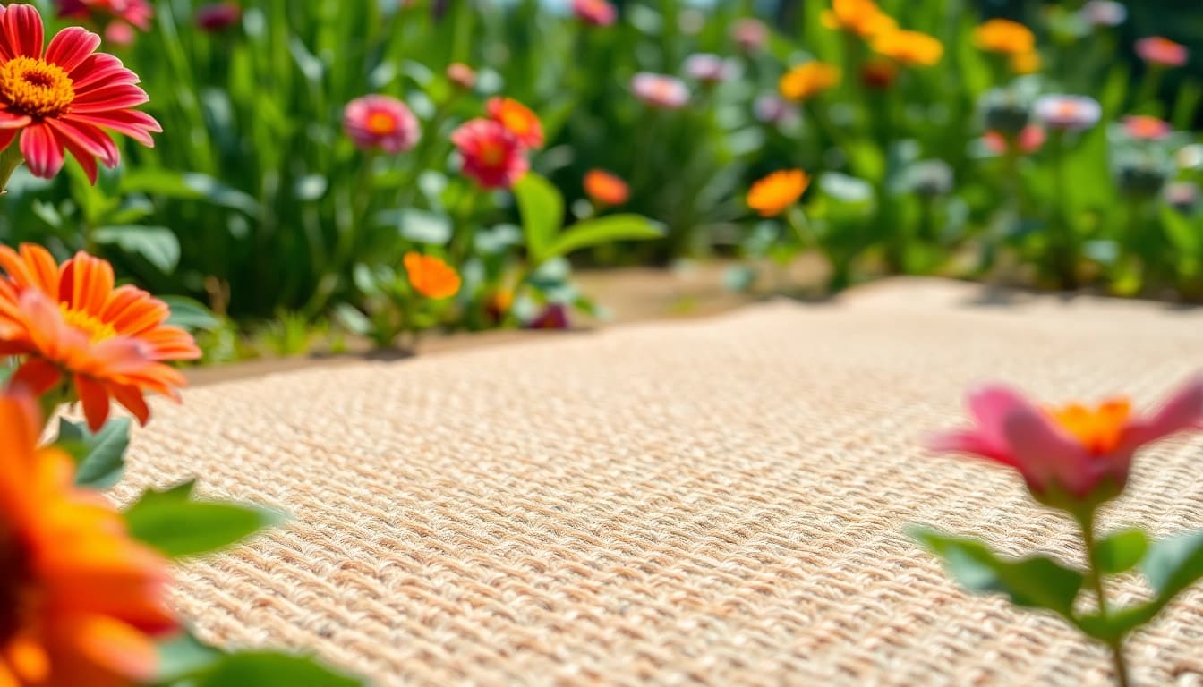 Hanfmatte in einem ruhigen Garten, umgeben von bunten Blumen und grünem Laub.