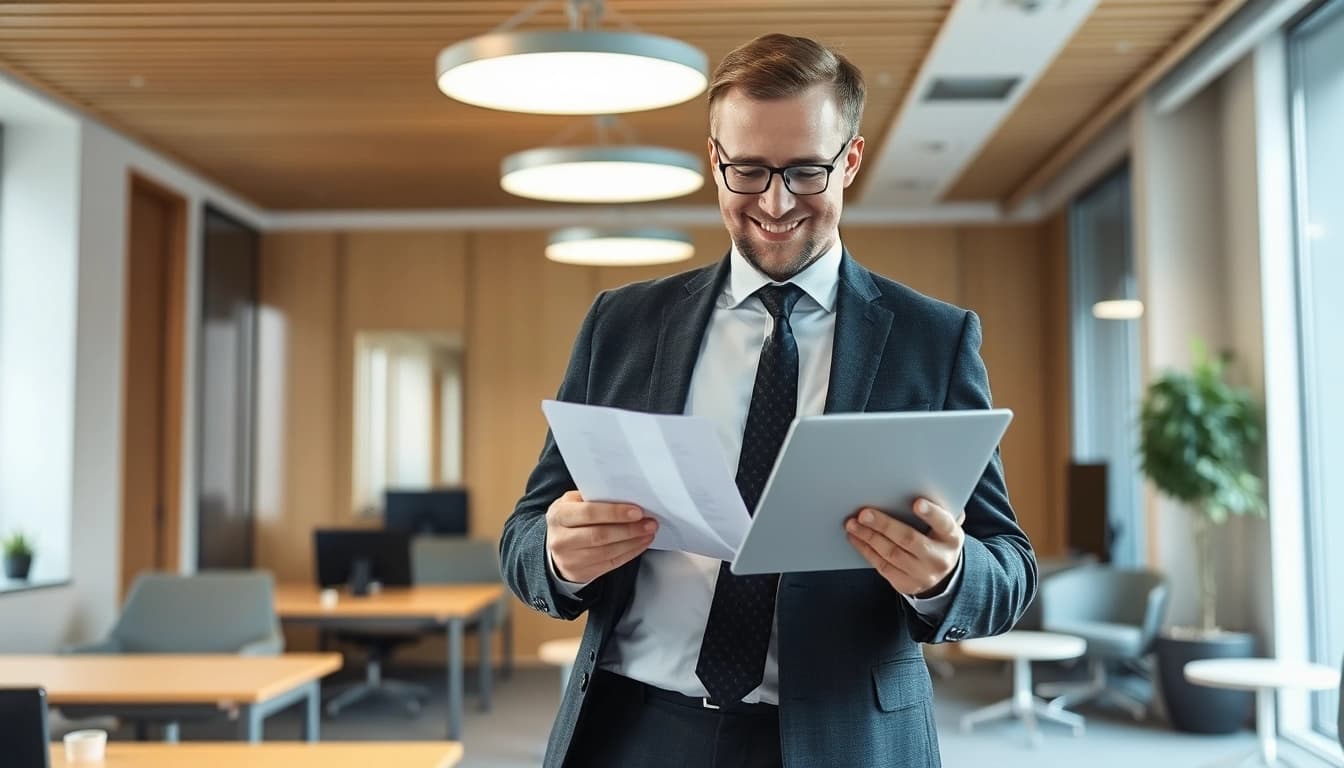 Headhunter Mühlheim prüft Bewerbungsunterlagen in modernem Büro.