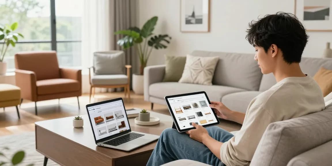 Engagierter Käufer stöbert im Online-Möbelshop nach stilvollen Möbeln in einem modernen Wohnzimmer.