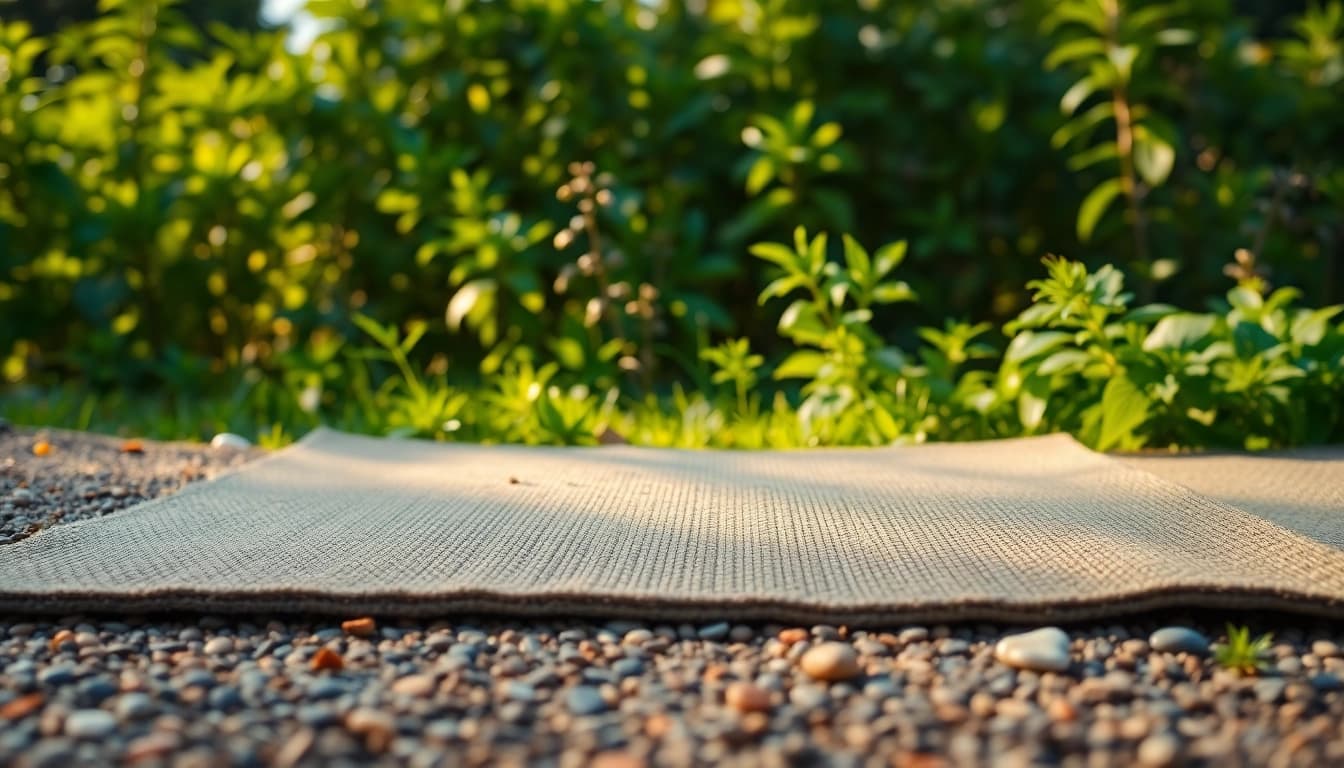 Verwendung einer Hanfmatte im Freien, umgeben von sanften Pflanzen und natürlichem Licht.