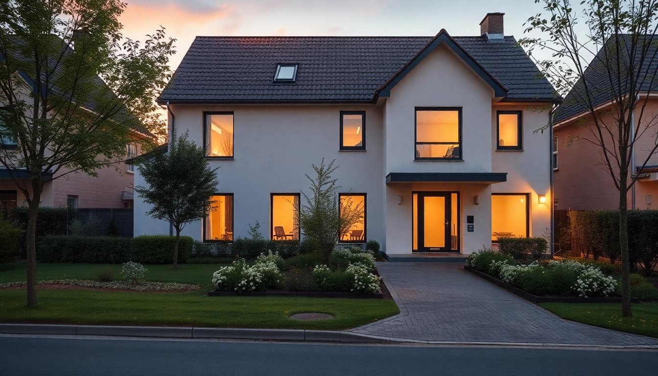 Ein modernes Haus in ruhiger Lage, ideal für den Hauskauf, umgeben von einem schönen Garten.