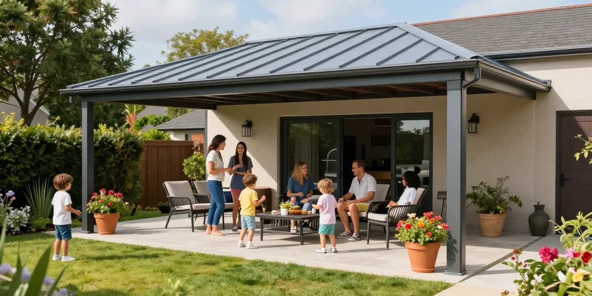 Terrassenüberdachungen in einem schönen Garten mit einer Familie, die Zeit miteinander verbringt.
