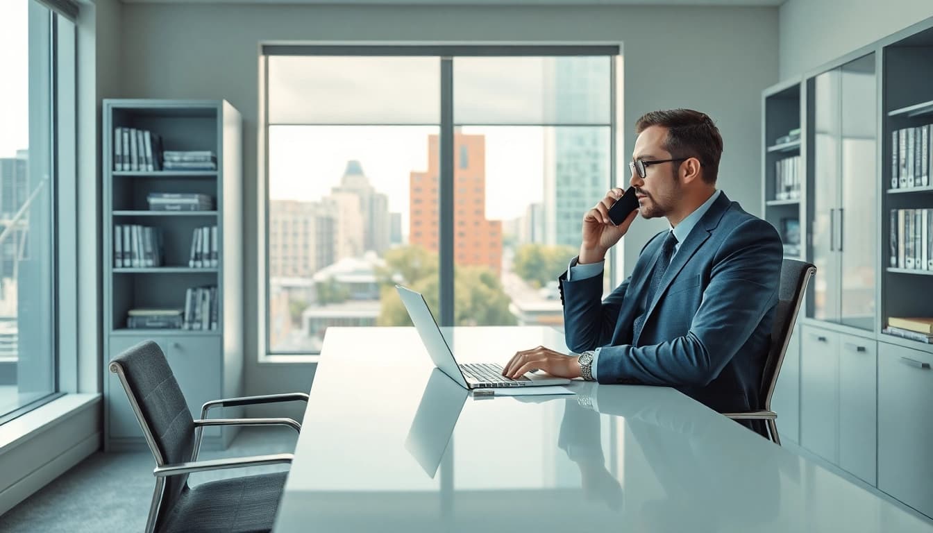 Ein Headhunter IT im modernen Büro telefoniert und arbeitet an einem Laptop.