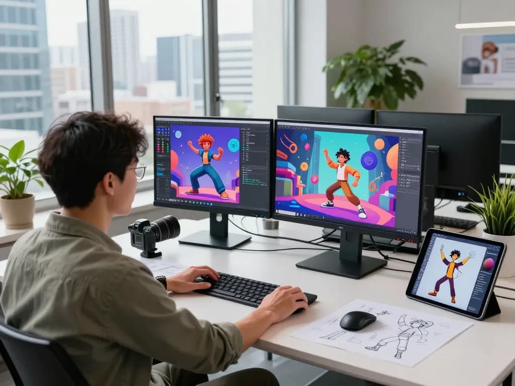 Designer using motion control AI technology to create vibrant animations in a modern studio.