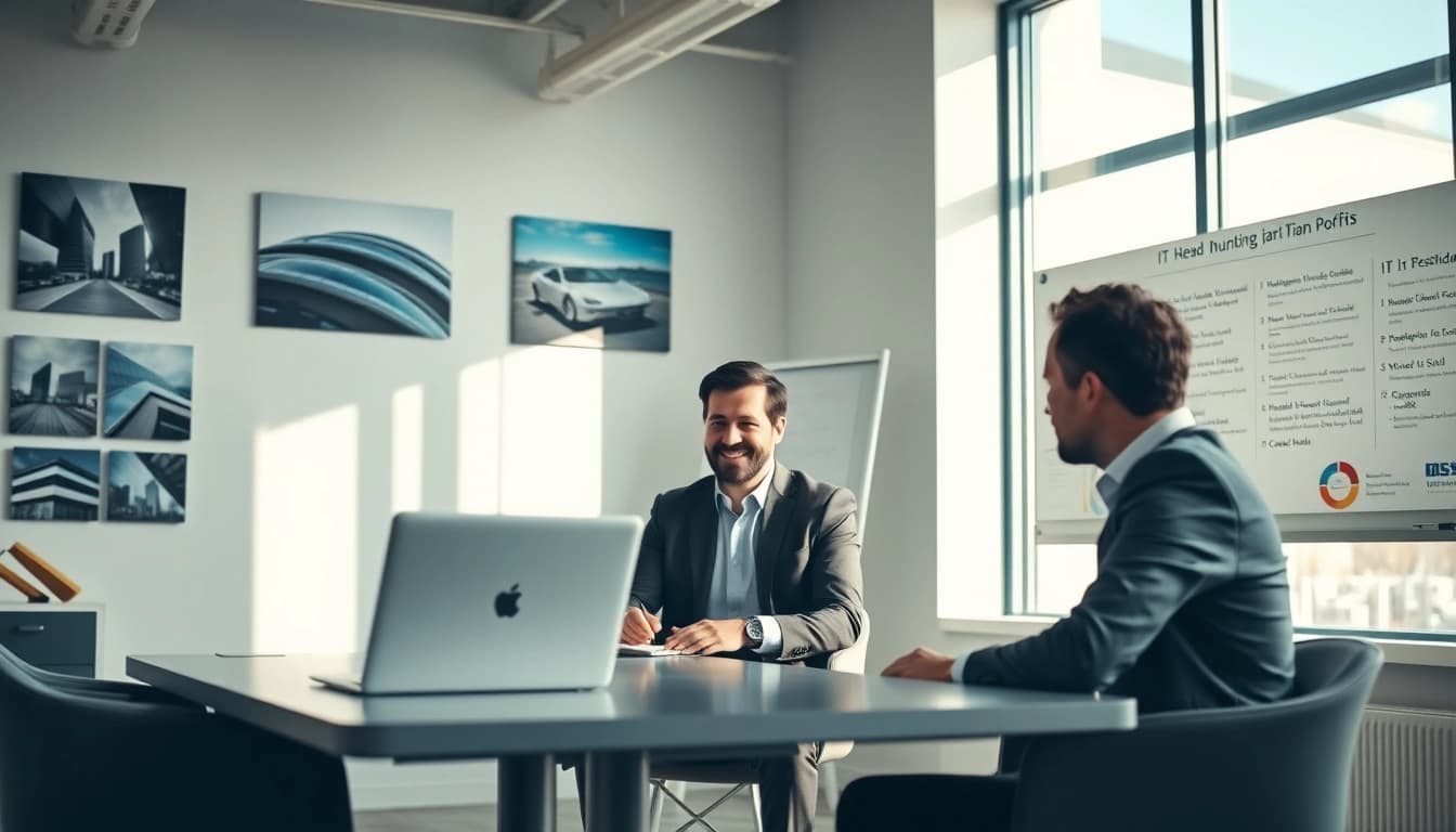 Professioneller Headhunter IT führt ein Interview mit einem IT-Kandidaten in einem modernen Büro.