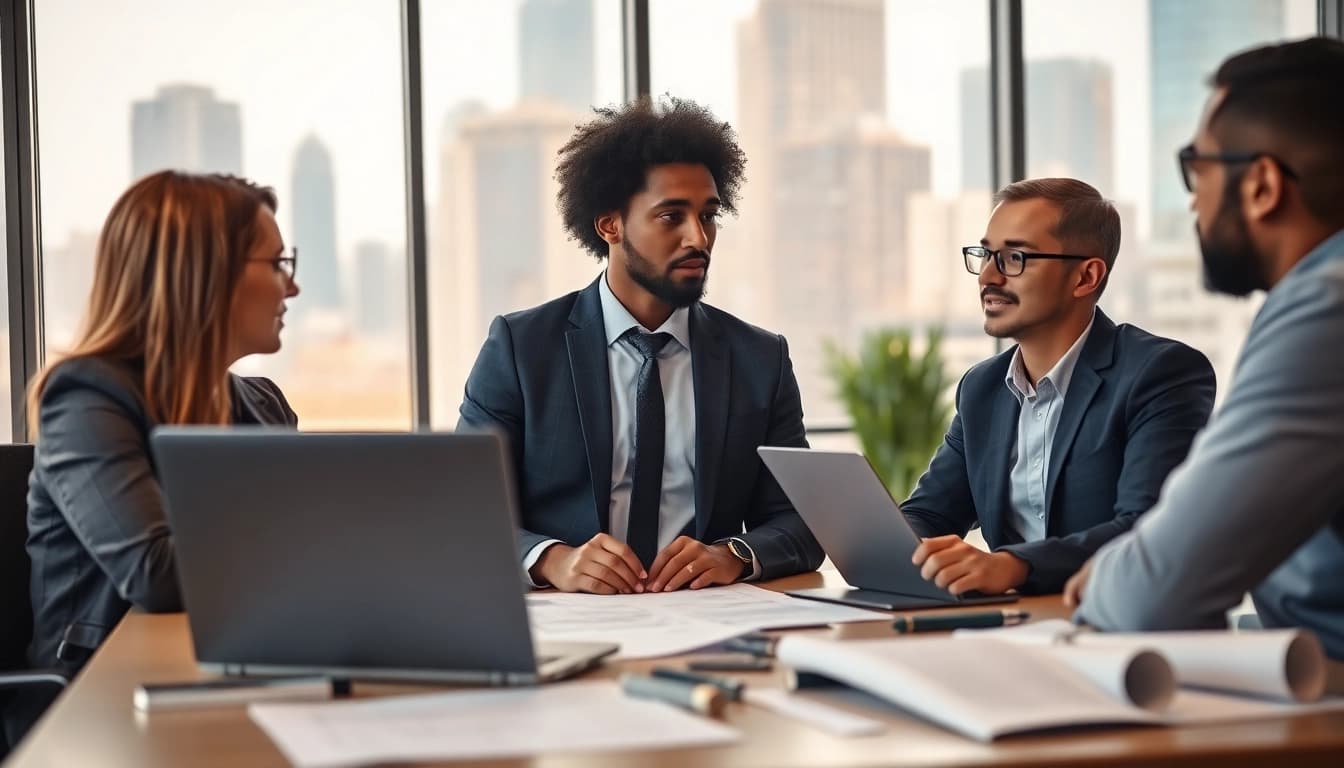 Headhunter Ingenieure in einem professionellen Meeting mit Ingenieuren im Büro.