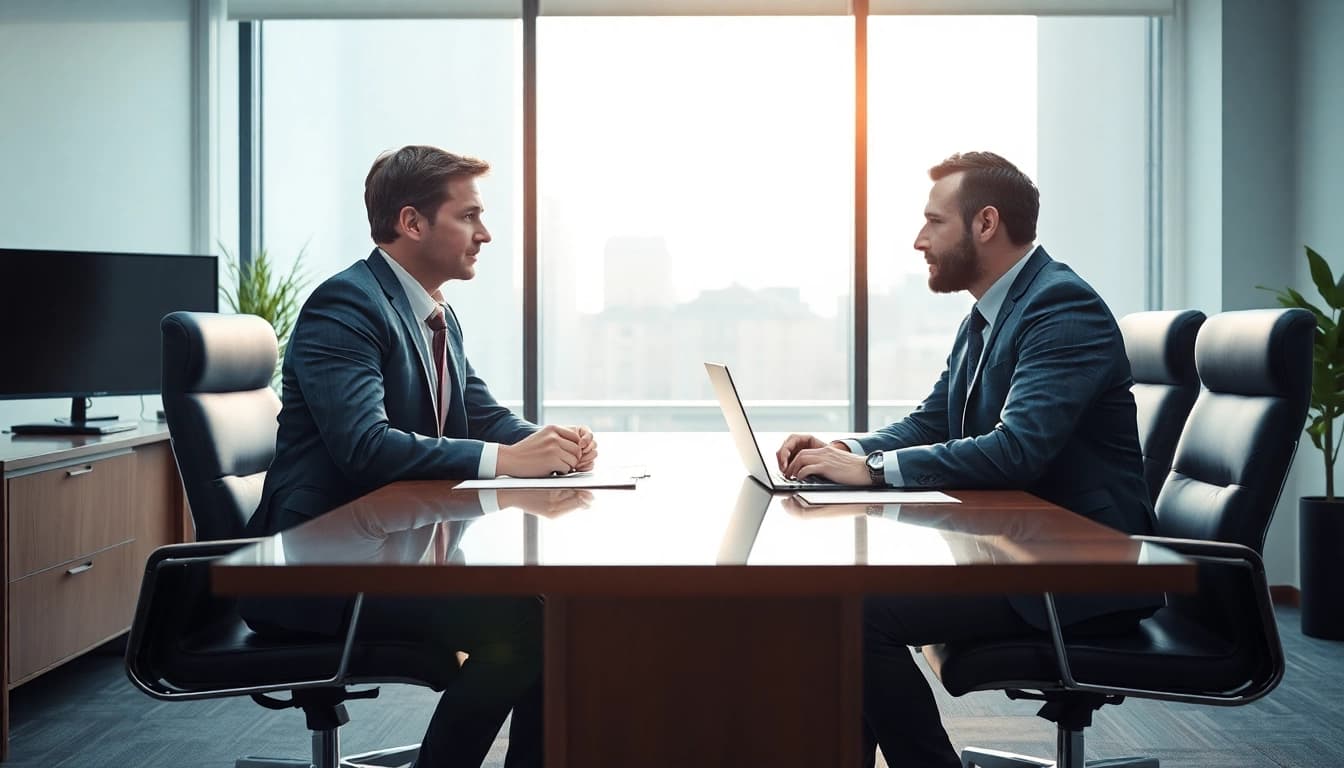 Headhunter IT interviewt einen IT-Kandidaten in einem modernen Büro.
