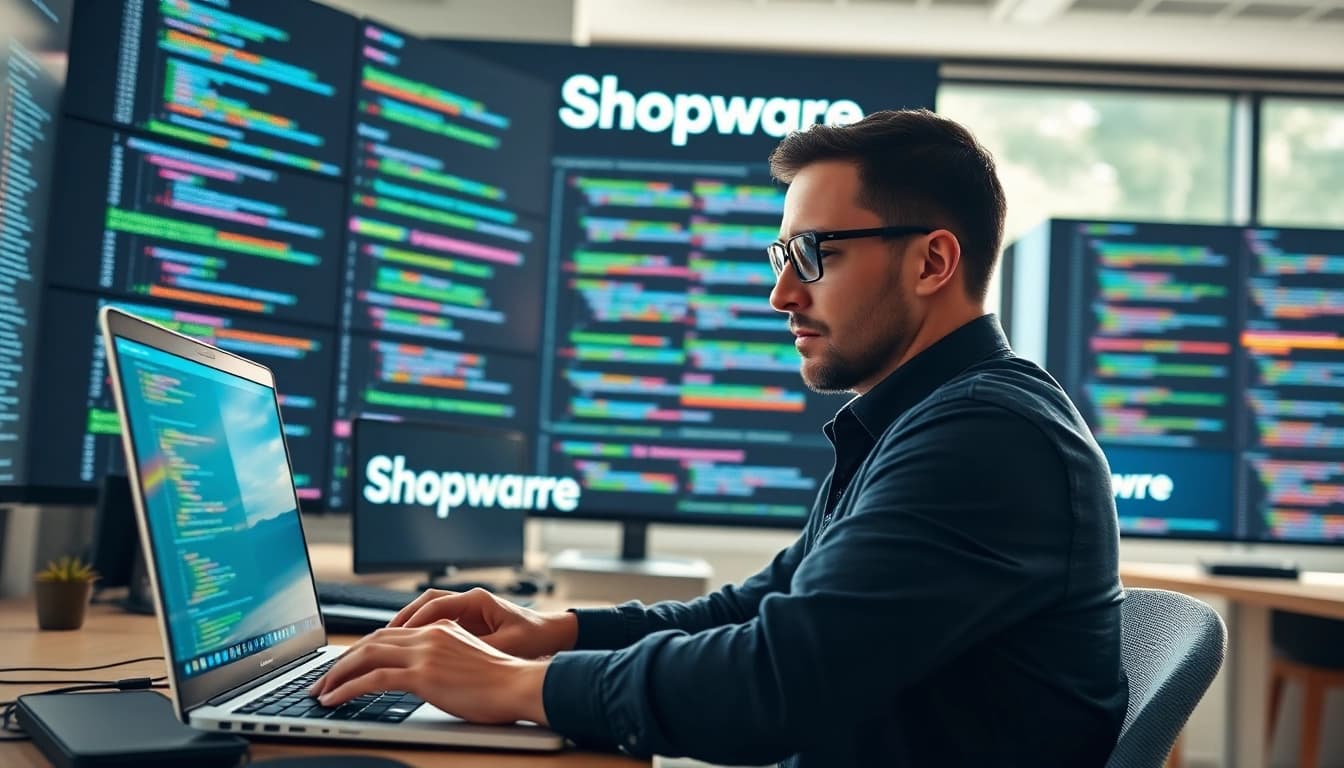 Shopware API Integration in einer modernen Büroumgebung mit einem Softwareentwickler.