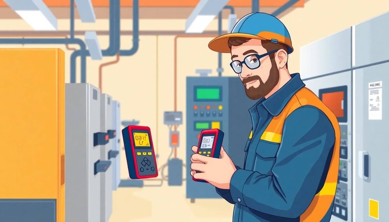 Electrician conducting a DGUV V3 Prüfung on electrical devices to ensure workplace safety and compliance.