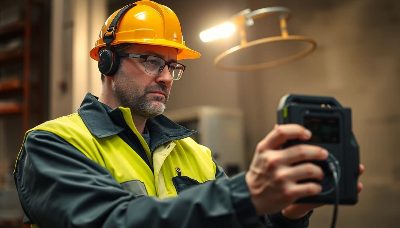 Techniker führt eine DGUV V3 Prüfung durch, um die Sicherheit elektrischer Geräte zu gewährleisten.