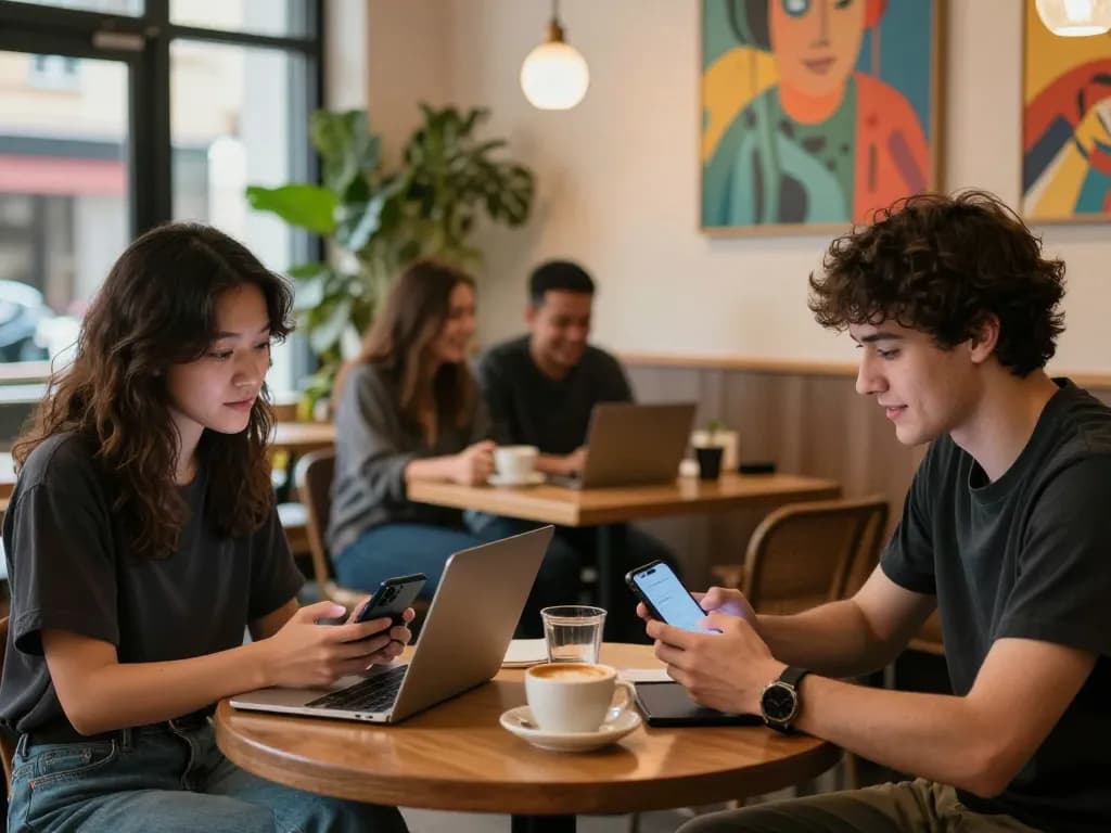 Young adults discussing sex AI chat in a cozy urban cafe setting.
