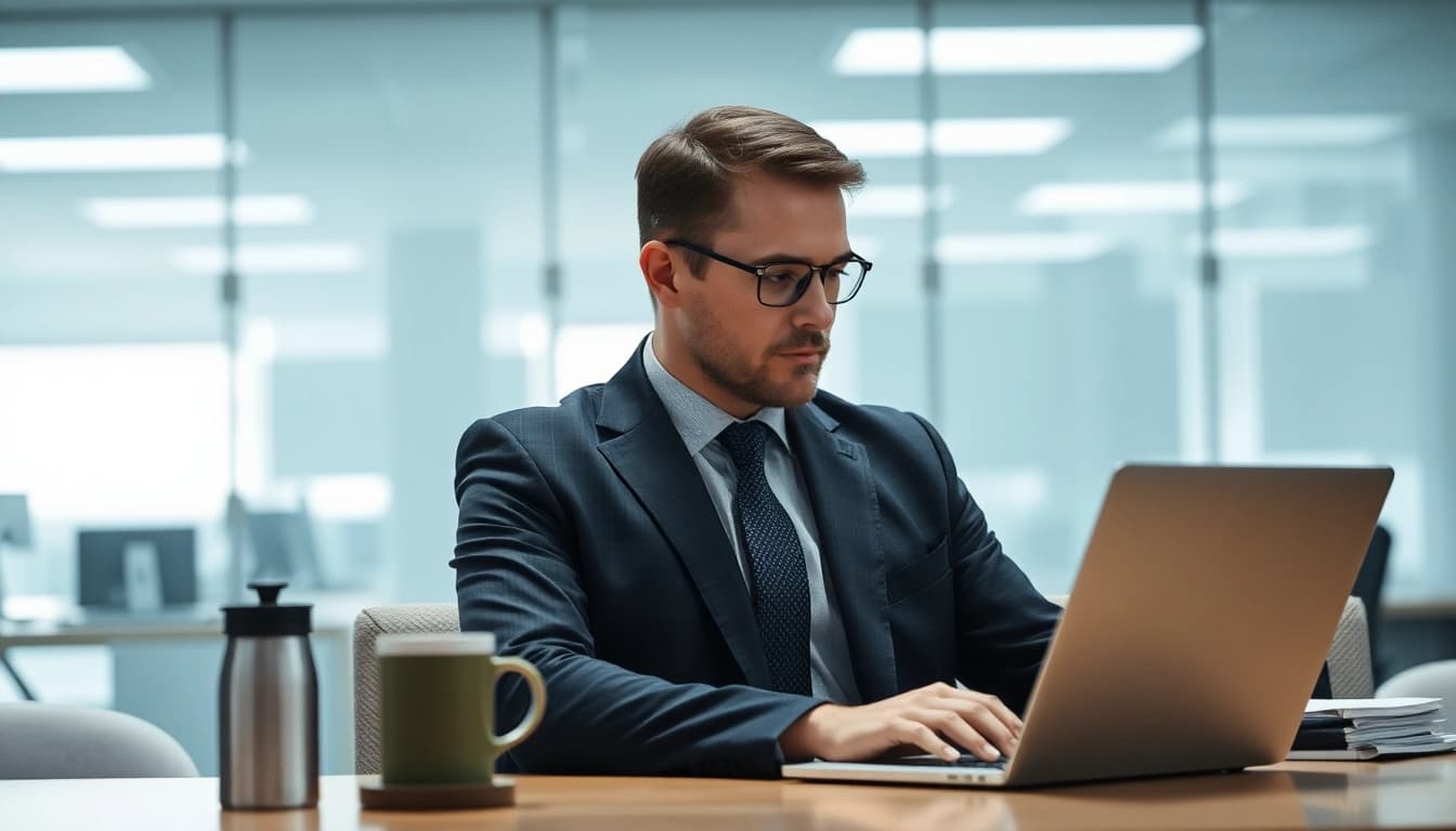 Headhunter arbeitet konzentriert in einem modernen Büro mit Laptop.