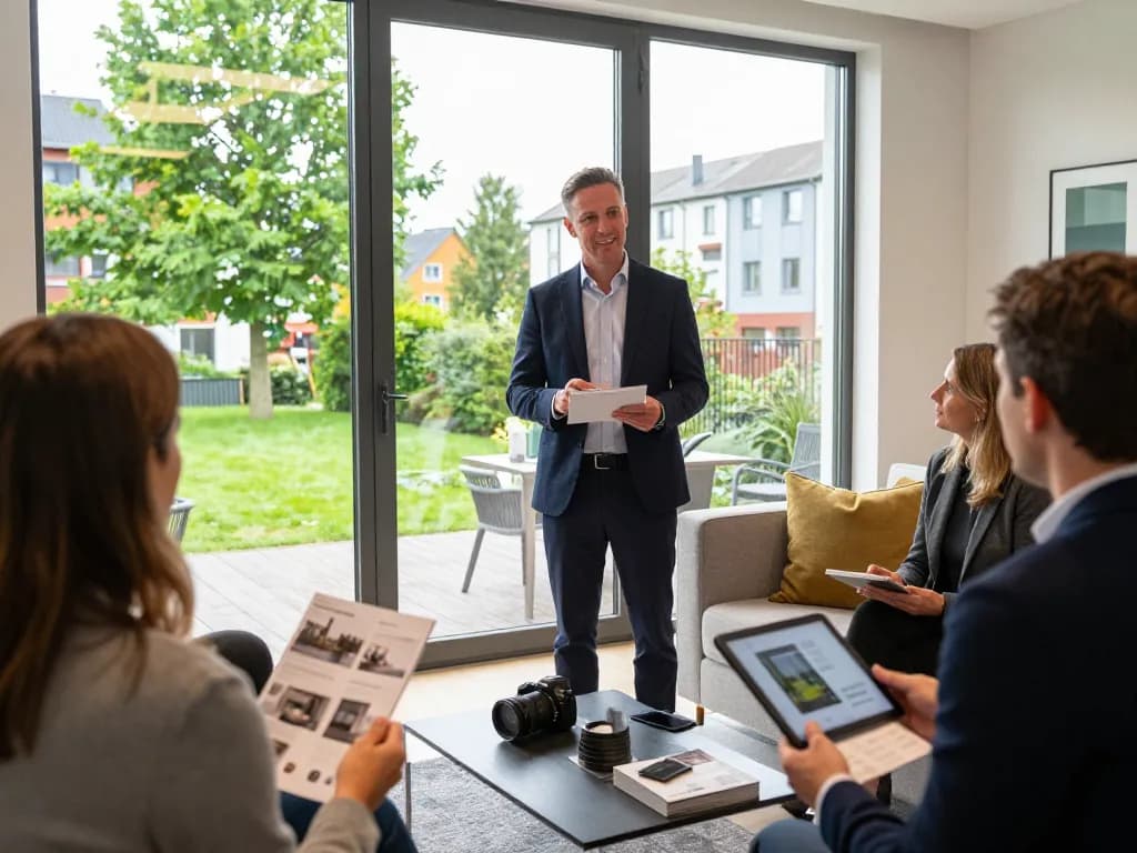 Immobilienmakler Frankfurt Ginnheim zeigt eine schöne Immobilie in einer charmanten Nachbarschaft und verbindet sich mit Kunden.