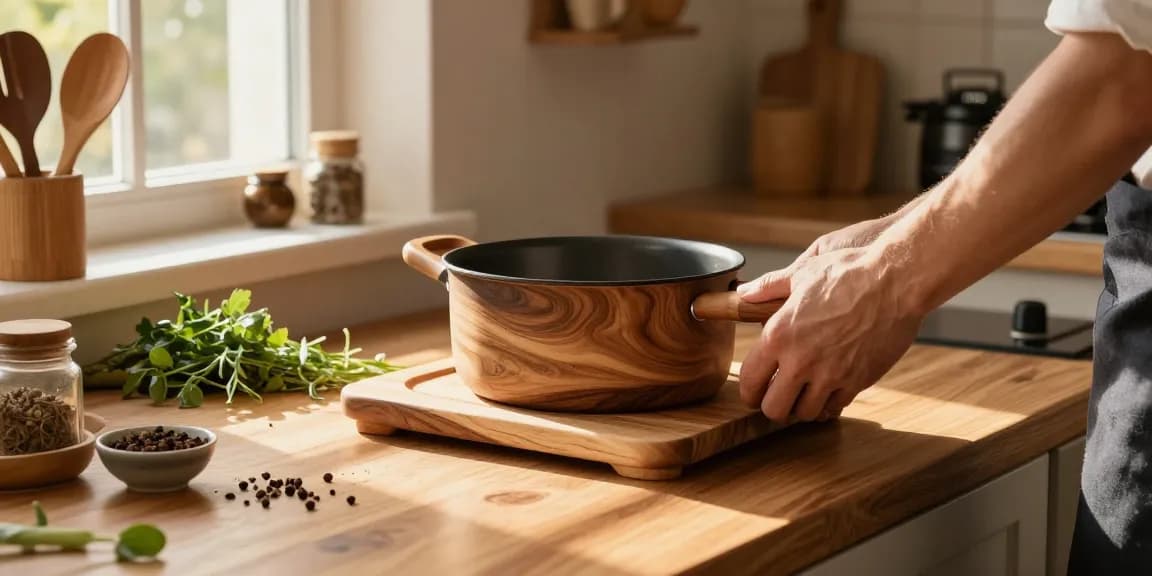 Eleganter Topfuntersetzer aus Holz in der Küche, ideal für heiße Töpfe.