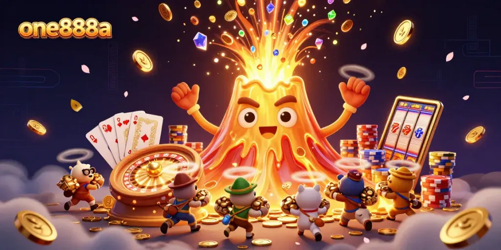 Experience thrilling wins with one888a at a vibrant digital casino scene filled with treasures.