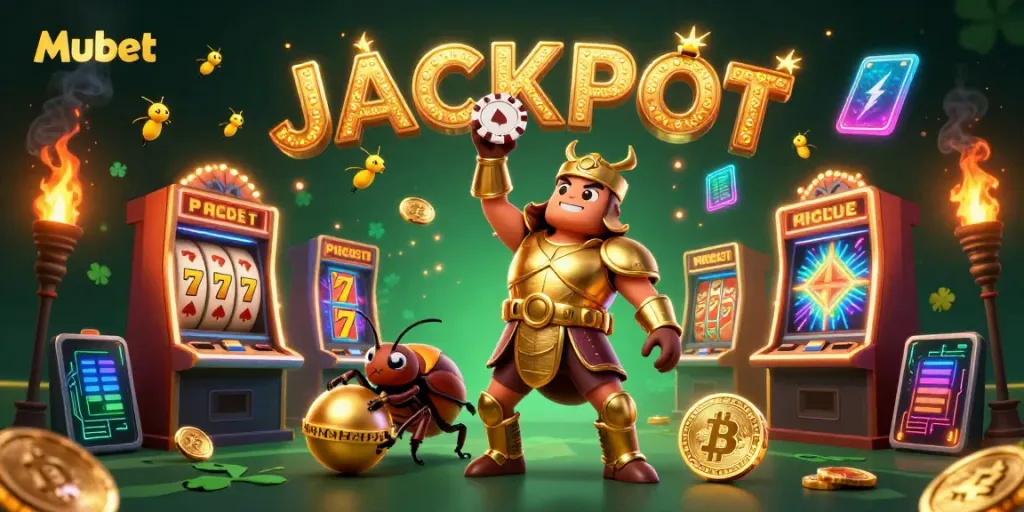 Mubet's victorious beetle character lifting a poker chip, surrounded by vibrant slot machine elements and cryptocurrencies.