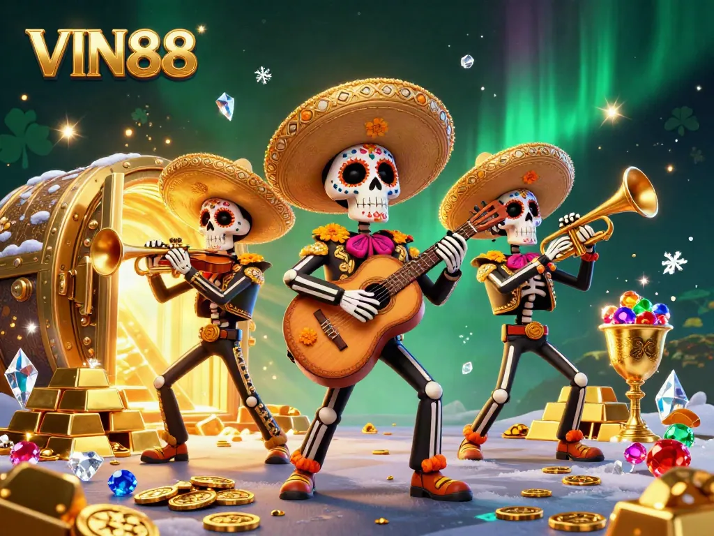 Bet big with VIN88 in this vibrant Day of the Dead-inspired casino scene highlighting festive characters.