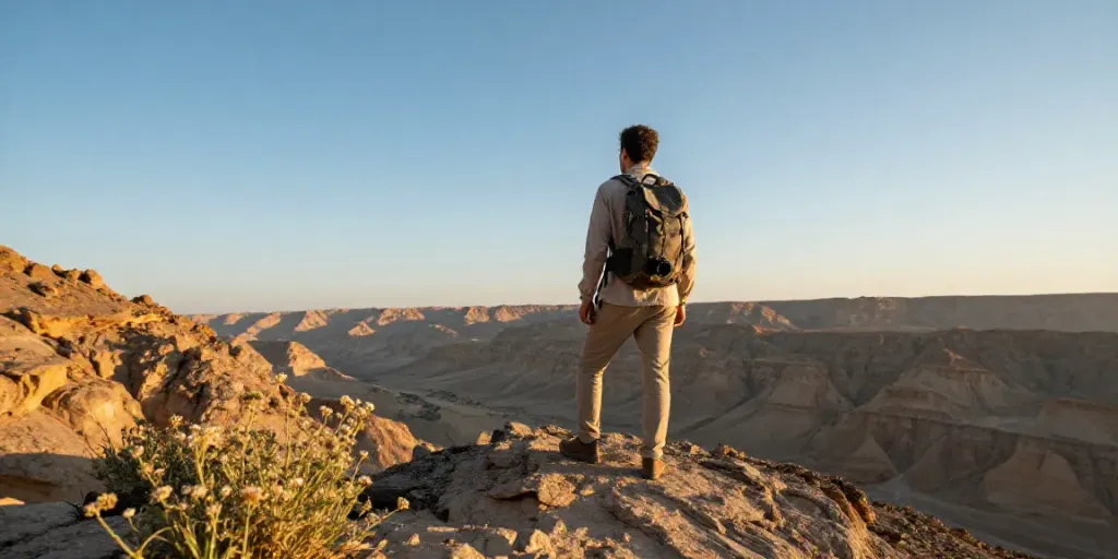 Reise Oman: Abenteurer auf einer Klippe mit Blick auf die beeindruckende Landschaft des Oman bei Sonnenuntergang.