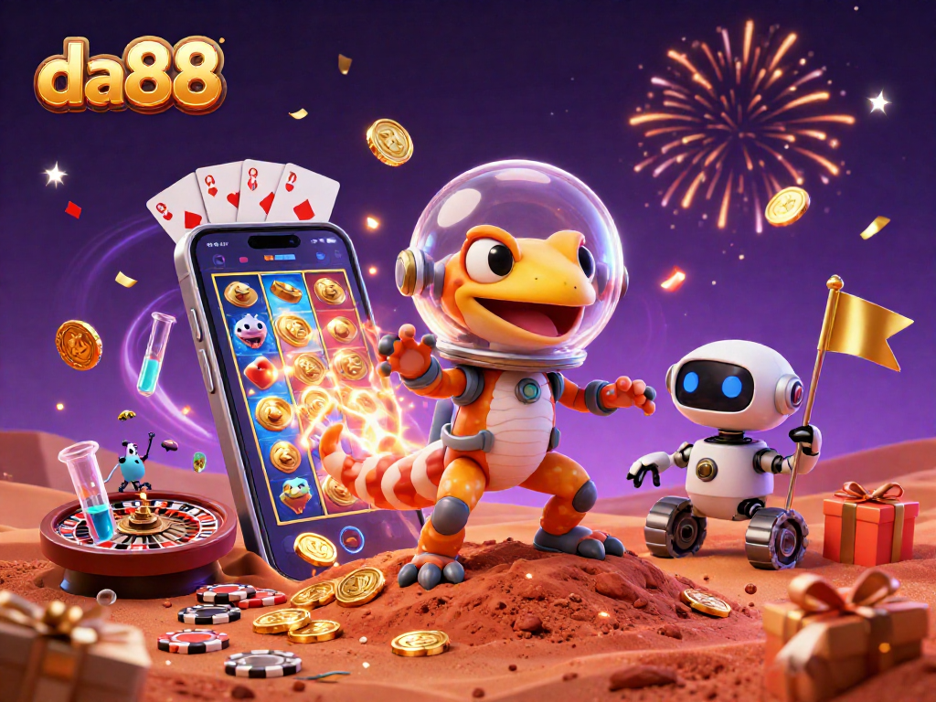 Engage with da88's exciting gaming adventure featuring a Martian gecko uncovering a golden casino.