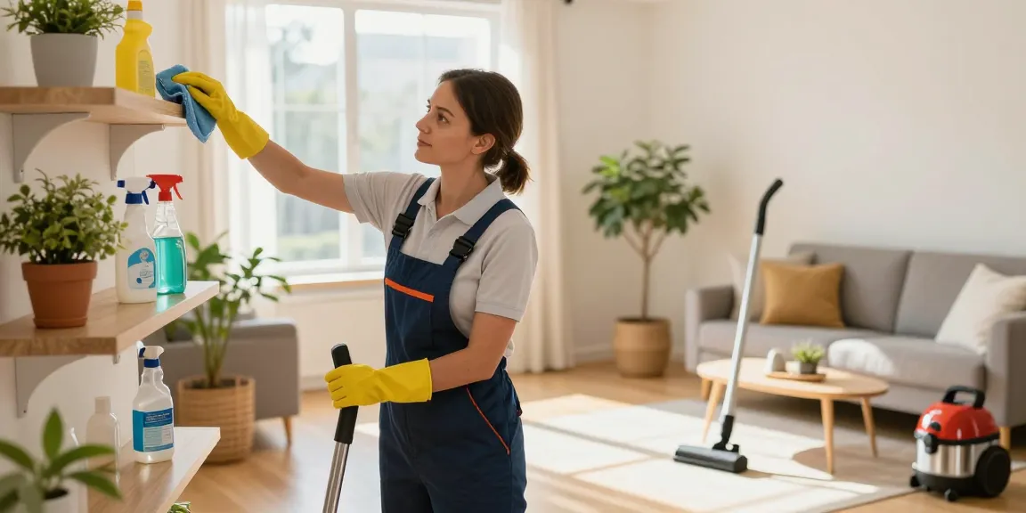Professional cleaner showcasing a reinigung offerte in a bright home cleaning environment.