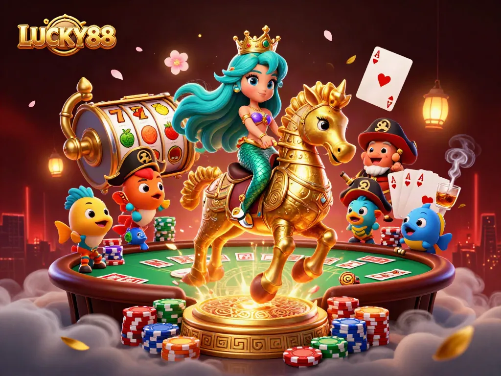 Spin and win with LUCKY88 as a mermaid princess rides a seahorse amidst vibrant casino elements.