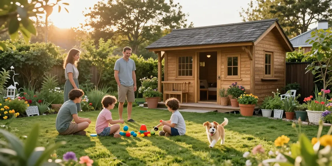 Gartenhaus kaufen: Familie genießt Zeit im Garten mit neuem Gartenhaus im Hintergrund.