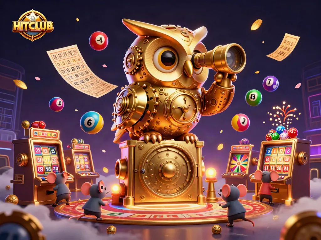 Experience excitement at HITCLUB with a vibrant casino scene featuring a golden owl and dynamic game elements.