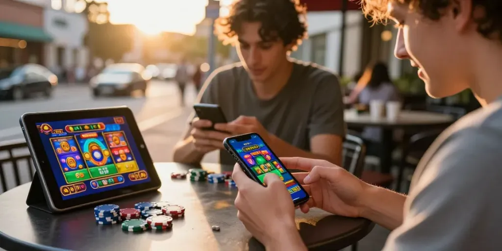 Die besten mobilen Casinos 2026: Spieler genießen ein aufregendes Casino-Erlebnis im Freien mit Smartphone und Spielgrafiken.