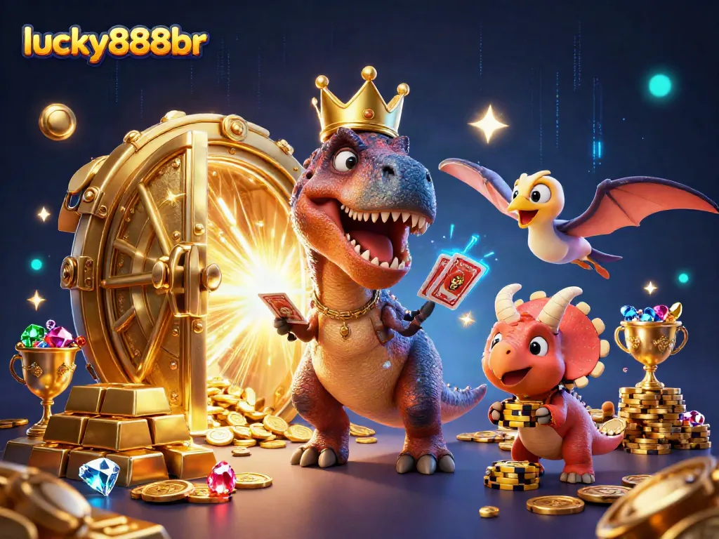 Experience thrilling gameplay with lucky888br's T-Rex shuffling cards and dino friends amidst treasures.