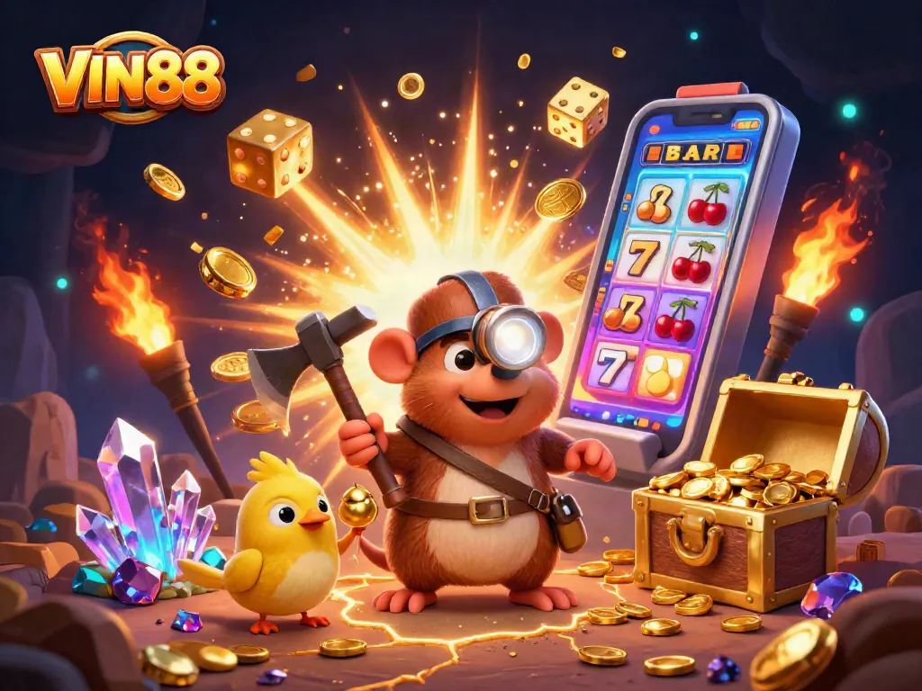 Experience the thrill of winning at VIN88 with a vibrant casino illustration featuring characters and games.