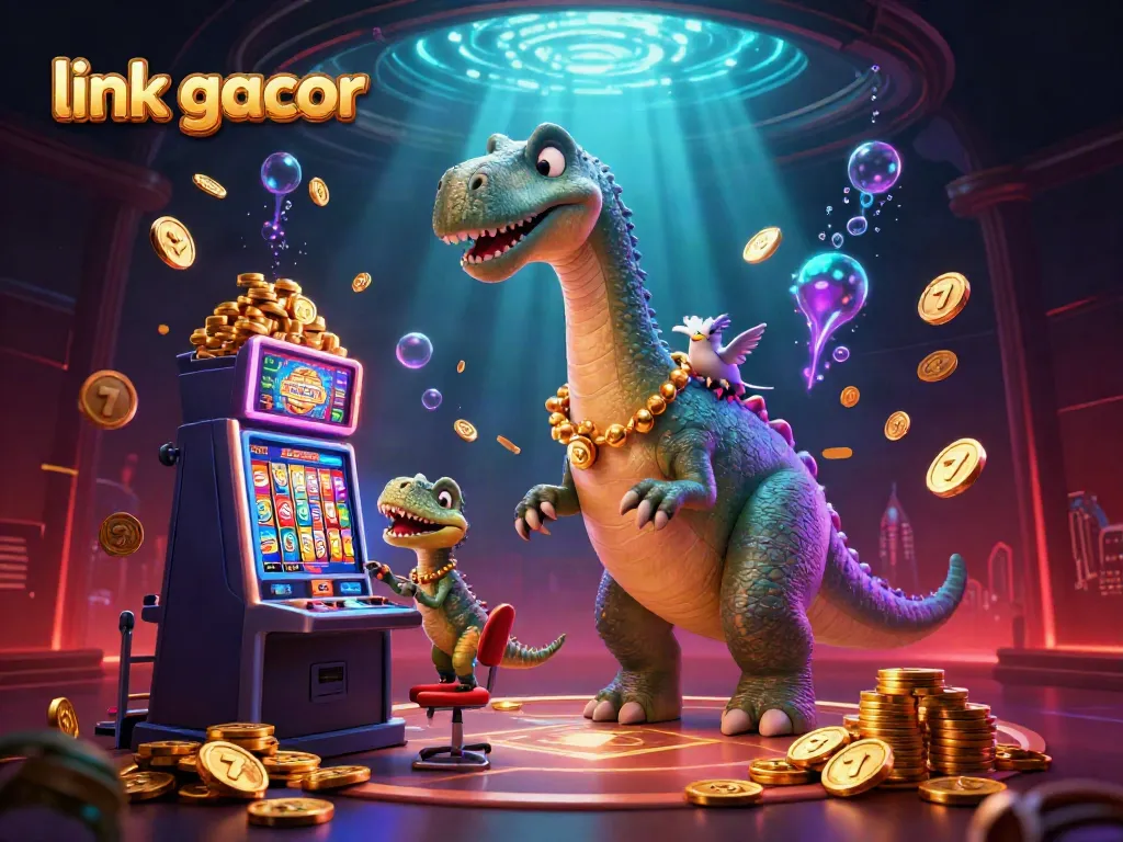 Spinning slots and jackpots come alive in a vibrant scene featuring the link gacor with a giant brontosaurus overseeing the gameplay.