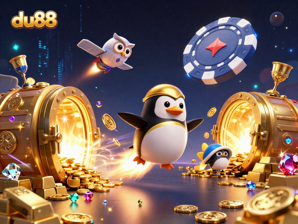 Play exciting games with du88 in a vibrant casino space scene featuring treasure and fun!