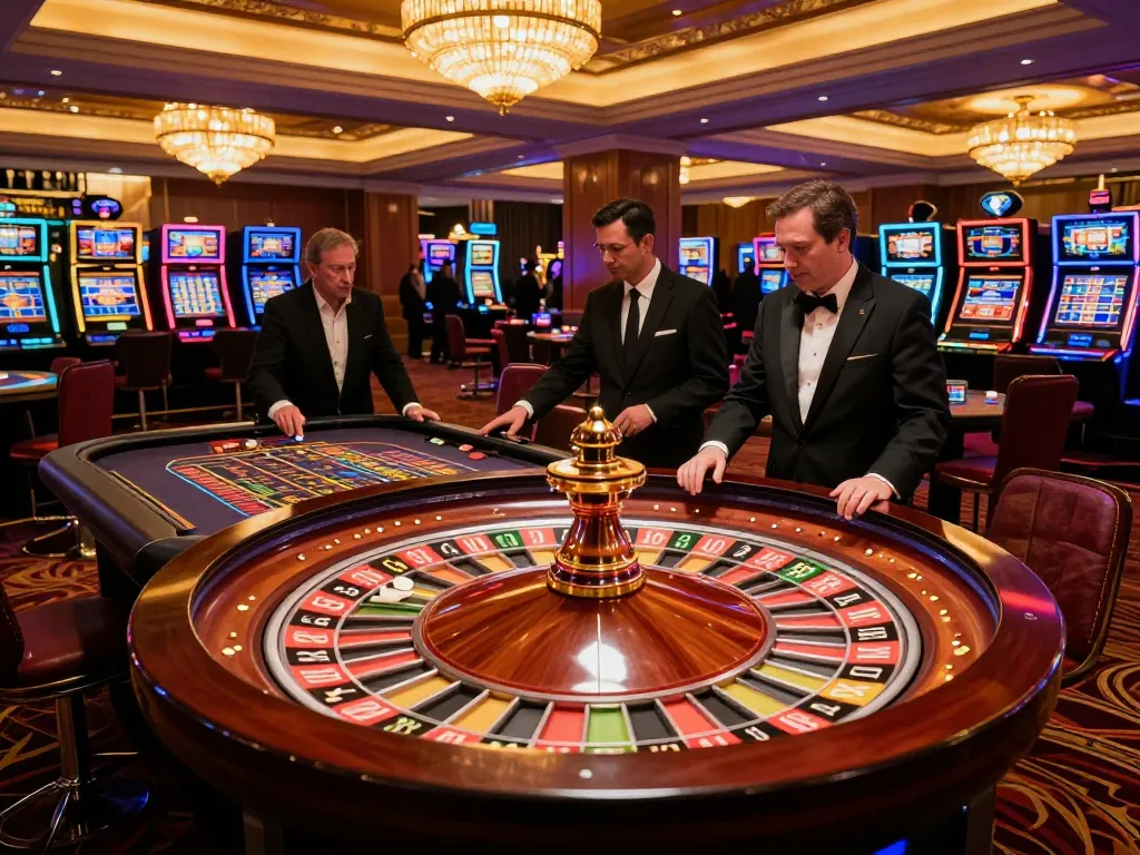 Players at the roulette table experiencing sunwin excitement during a thrilling evening at an upscale casino.
