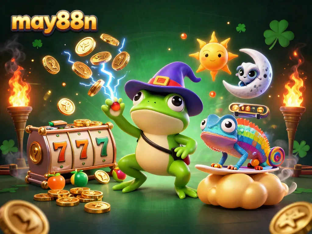 Experience thrilling gameplay with may88n's vibrant slot games, featuring a dynamic scene of a wizard frog and colorful elements.