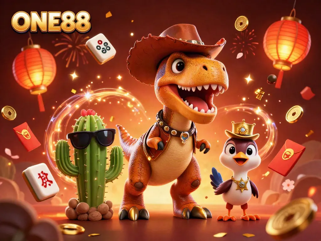 Engage in thrilling gameplay with ONE88's dynamic casino illustration featuring a T-Rex and lucky symbols.