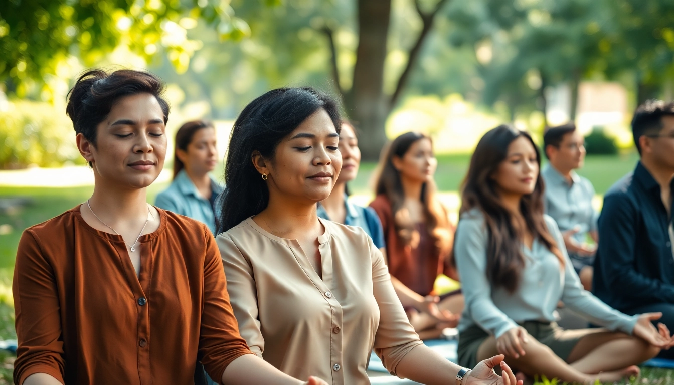 Participants meditating outdoors demonstrating emotional wellbeing amid natural tranquility.