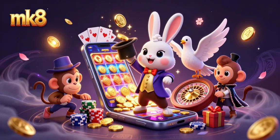 Experience thrilling moments with mk8 as a magician rabbit reveals golden coins amidst a dynamic casino scene.