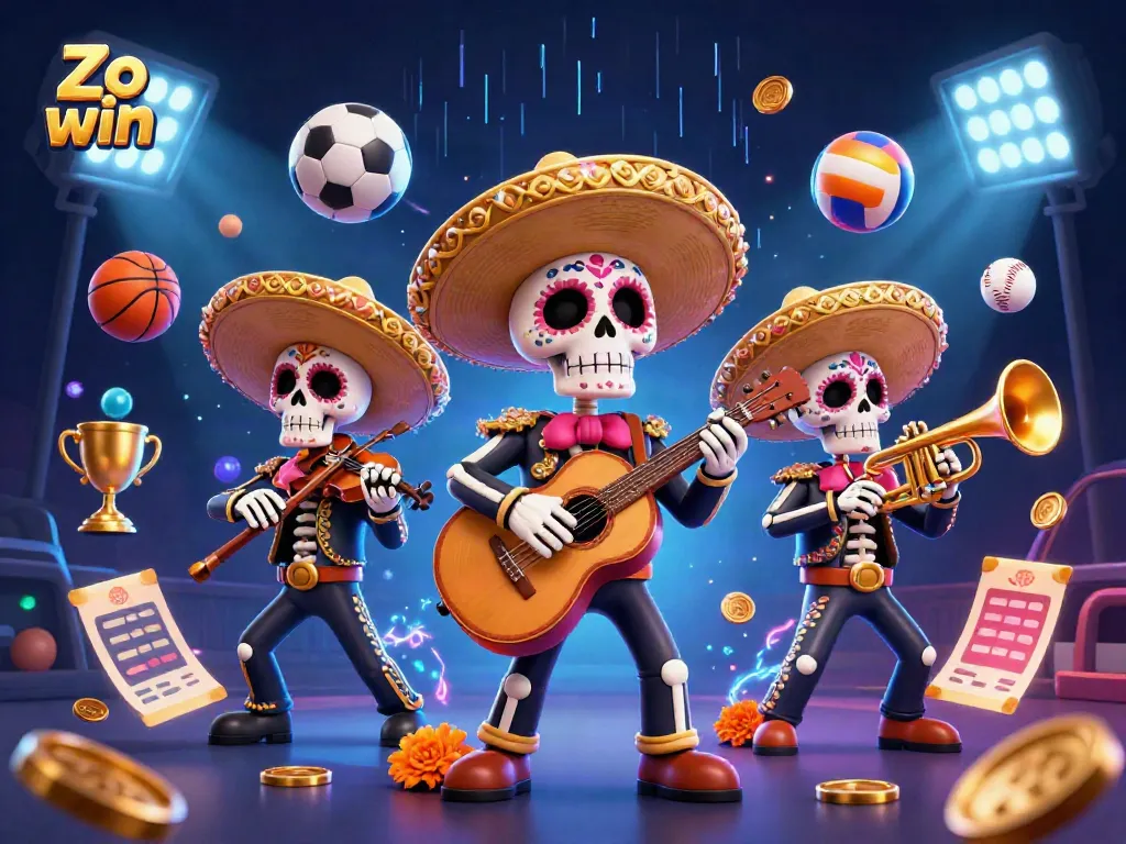 Engage with Zo win in vibrant 3D gaming excitement featuring a mariachi band amidst sports action.