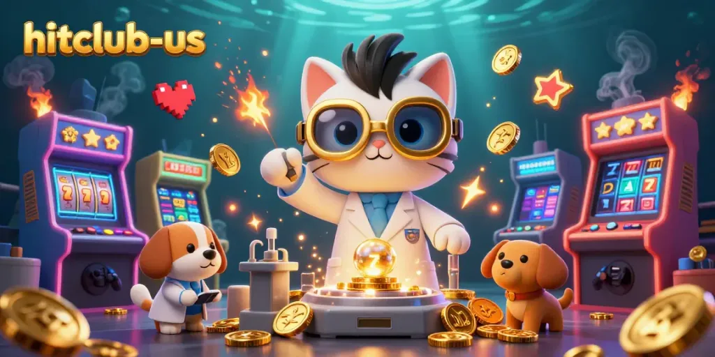 Experience the excitement of hitclub-us with a vibrant casino illustration featuring mad scientist cat and game elements.