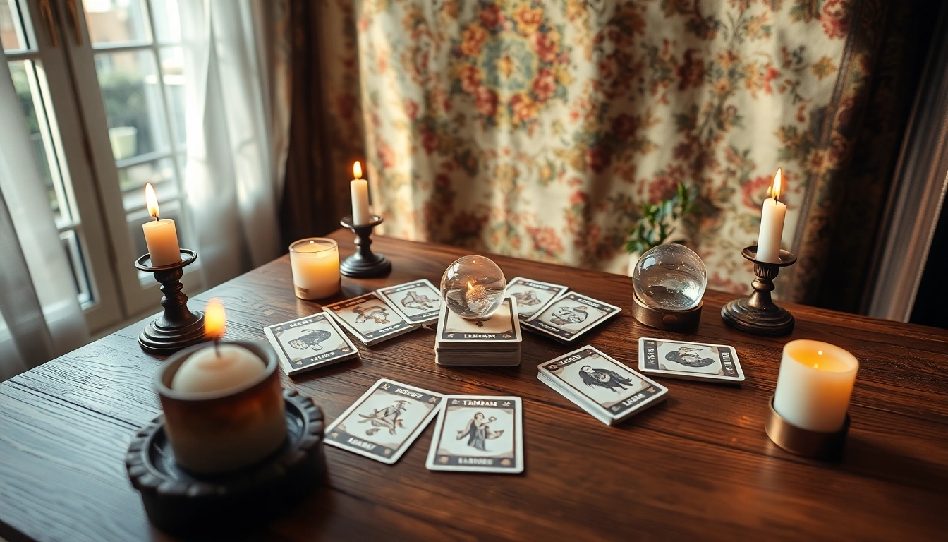 Lenormand orakel online: Detailed view of a tarot card reading setup with candles and crystals.