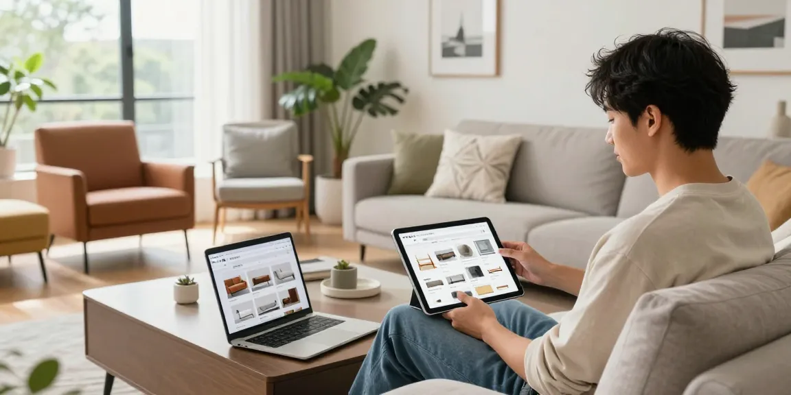 Engagierter Käufer stöbert im Online-Möbelshop nach stilvollen Möbeln in einem modernen Wohnzimmer.