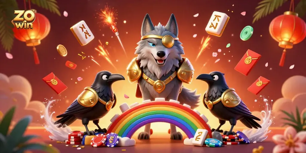 Experience the excitement of the zo win casino scene with Norse mythology characters amidst casino chips and glowing elements.