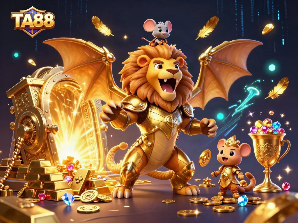 TA88 offers thrilling gameplay with a majestic chimera and precious treasures in this captivating casino scene.