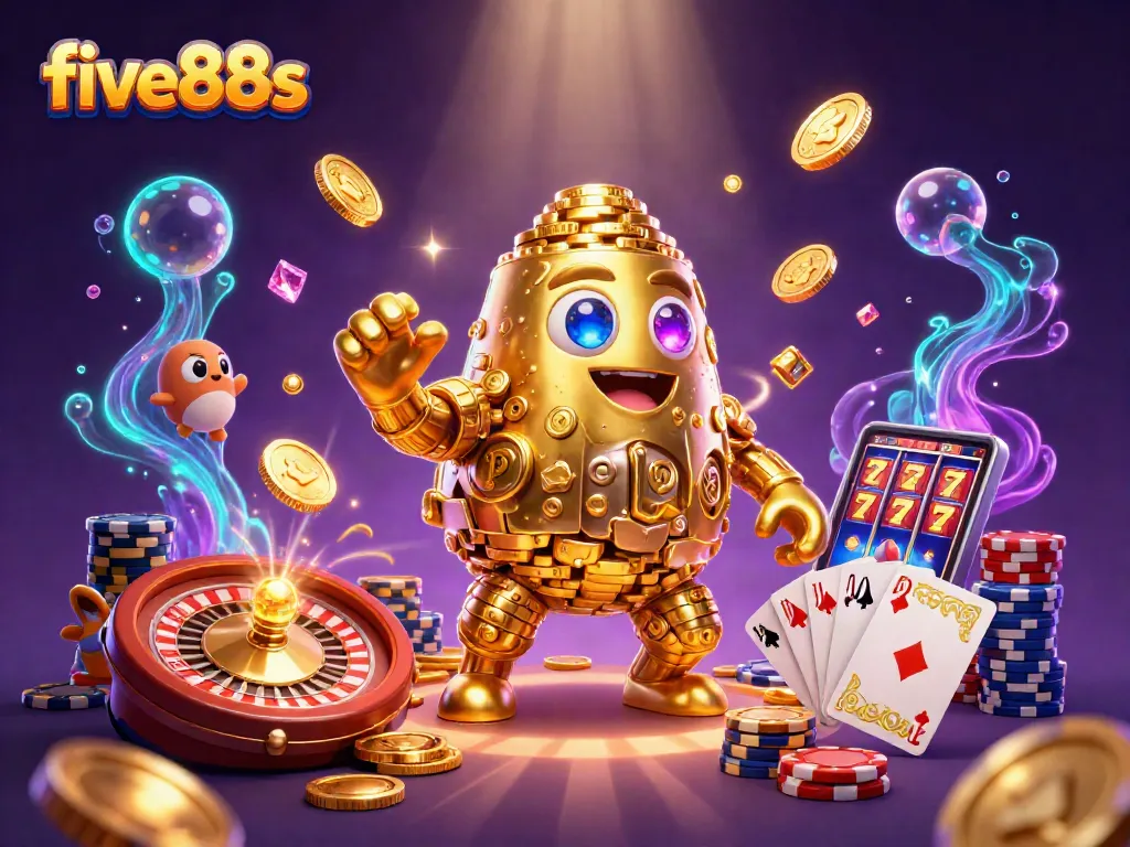 Experience the excitement of five88s with a vibrant 3D illustration of casino elements and a golden golem.