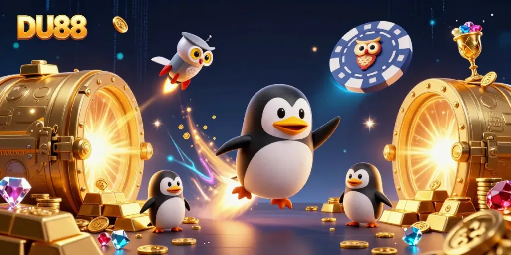 Experience DU88 excitement with a golden penguin racing toward a casino chip station.