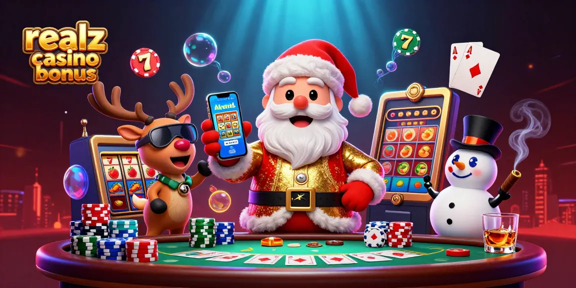 Spiele mit dem Realz Casino Bonus in einer lebhaften 3D-Cartoon-Szene mit Santa Claus und seinen Freunden.