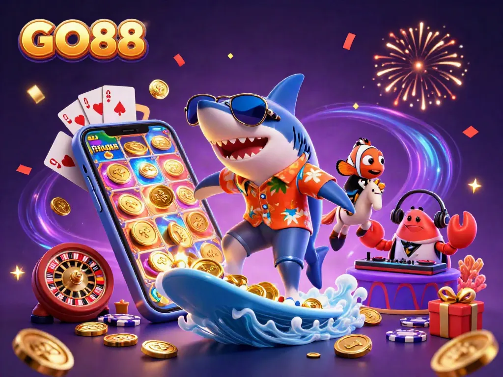 Experience the thrill at GO88 with a vibrant underwater casino scene showcasing dynamic illustrations of characters and gaming elements.