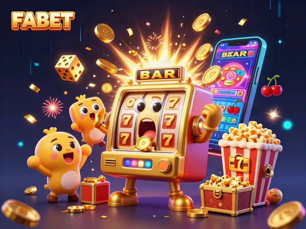 FABET slots jackpot explosion with cheering machines and golden kernels.