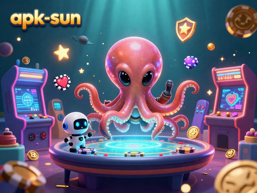 Engage with apk-sun's galactic poker scene featuring a playful octopus and exciting game elements.